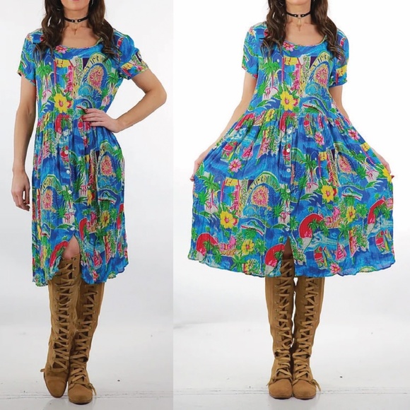 BILA Colorful Floral Tropical Print Midi Dress Blue Size XL Hawaiian Resort - Picture 3 of 17